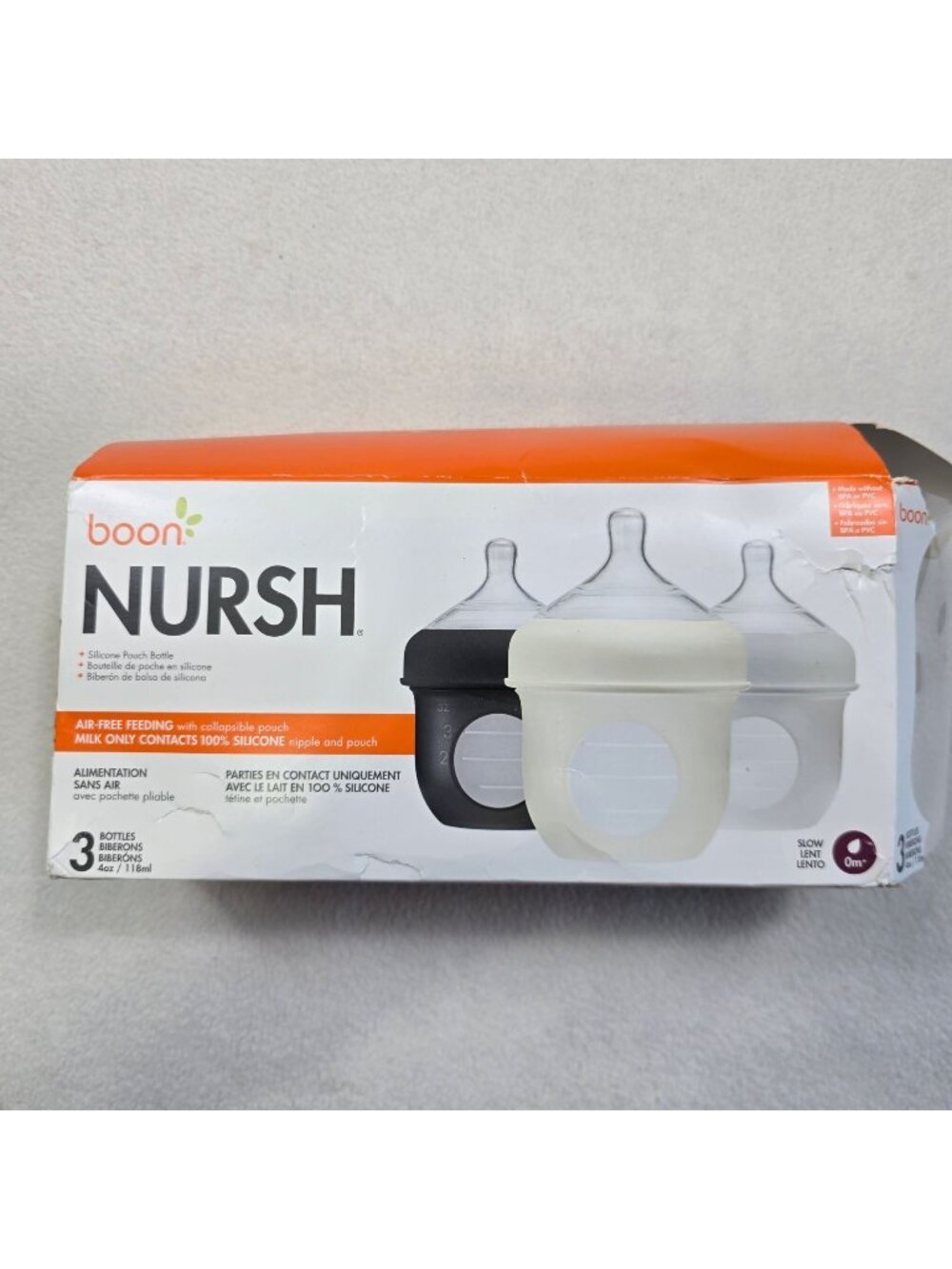 Boon Nursh Silicone Pouch Bottle Set 3-Pack 4oz Air-Free Feeding BPA-Free Slow